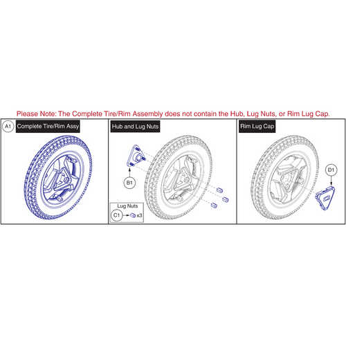 Pneumatic Drive Wheel, 3-Spoke Hub w/ Lug Cap
