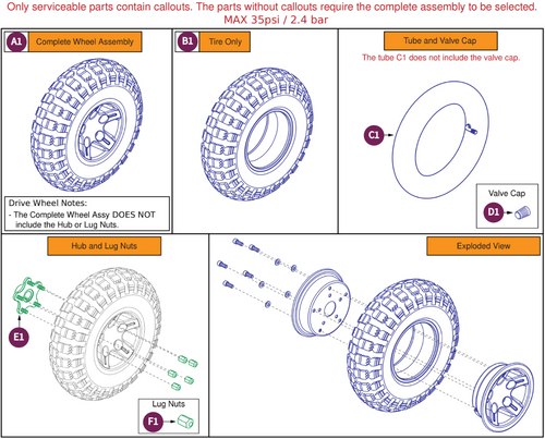 Pneumatic Drive Wheel,Black Rim/KnobbyTire,14"x4"