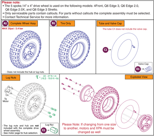 PNEU DW,5 Spoke, Black Rim/Knobby Tire,14 x 4