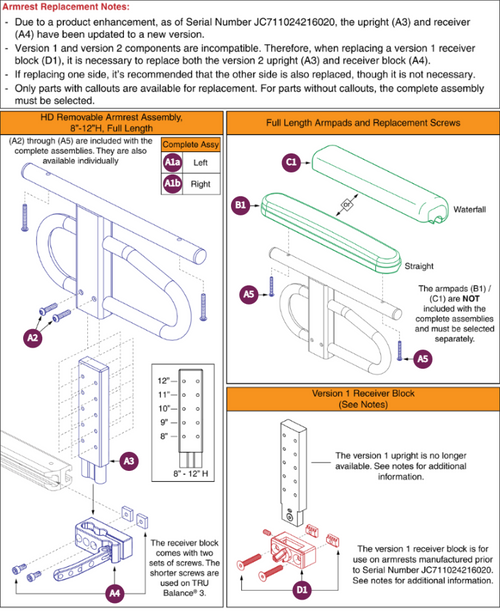 8"-12" Ht HD Removable Armrests Full Lgth
