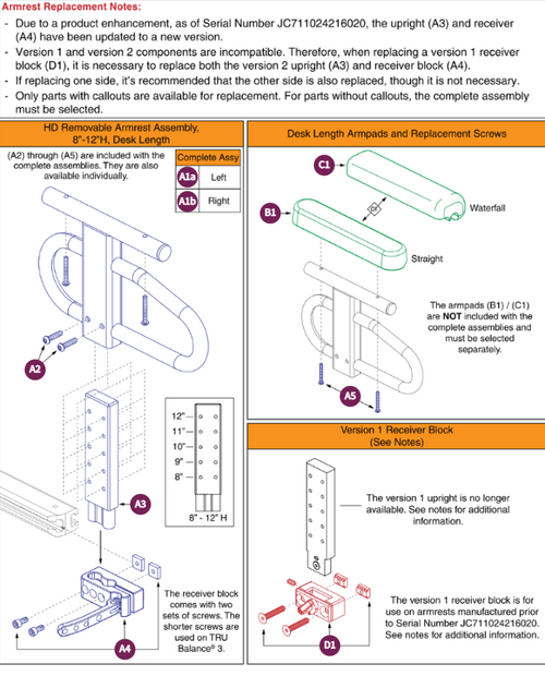 HD Removable Armrest,8"-12"H,Desk Lgth,TB3
