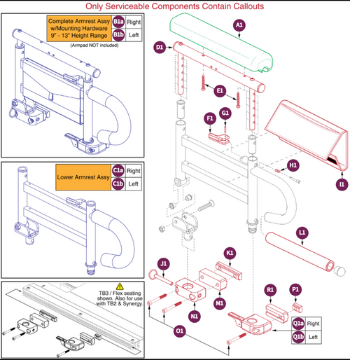 2 Pt FlipUpArm,Desk Lgth,Waterfall Spacer,9"-13"H
