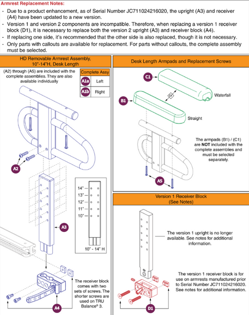HD Removable Armrests, 10"-14"H, Desk Lgth,TB3
