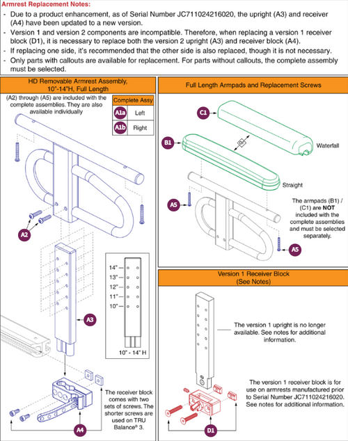 HD Removable Armrests, 10"-14"H, Full Lgth, TB3