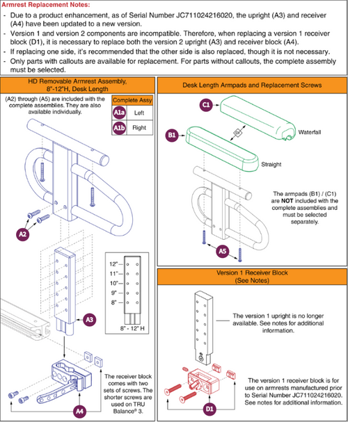 HD Removable Armrests, 8"-12"H, Desk Lgth, TB3