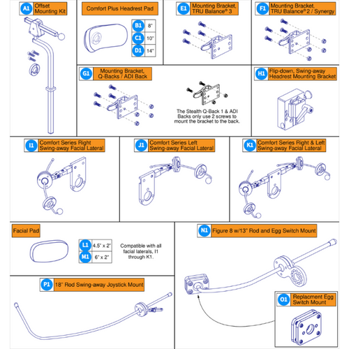 Stealth Offset Headrest Bracket,Pad,Lateral,Mount