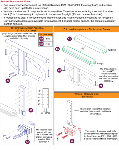 HD Removable Armrests, 8"-12"H, Full Lgth, TB3