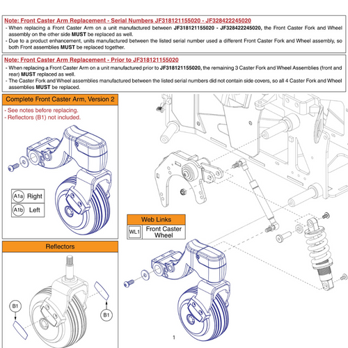Complete Front Caster Arm Assembly, 5" Wheels