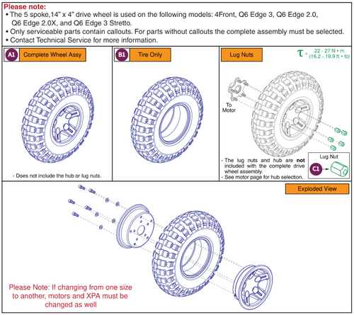 Flat-free DW,5 Spoke,Black Rim/ Knobby Tire,14 x 4