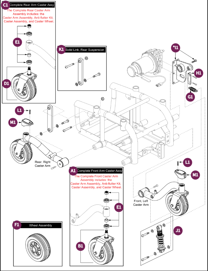 Caster Assy - Left Front, Right Rear, Jazzy 614 HD