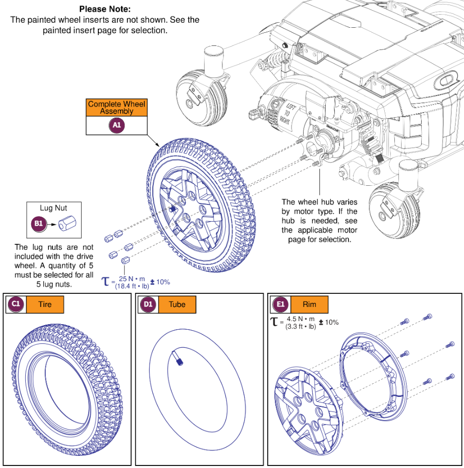 Pneumatic, 5 Spoke Silver Rim/Charcoal Tire