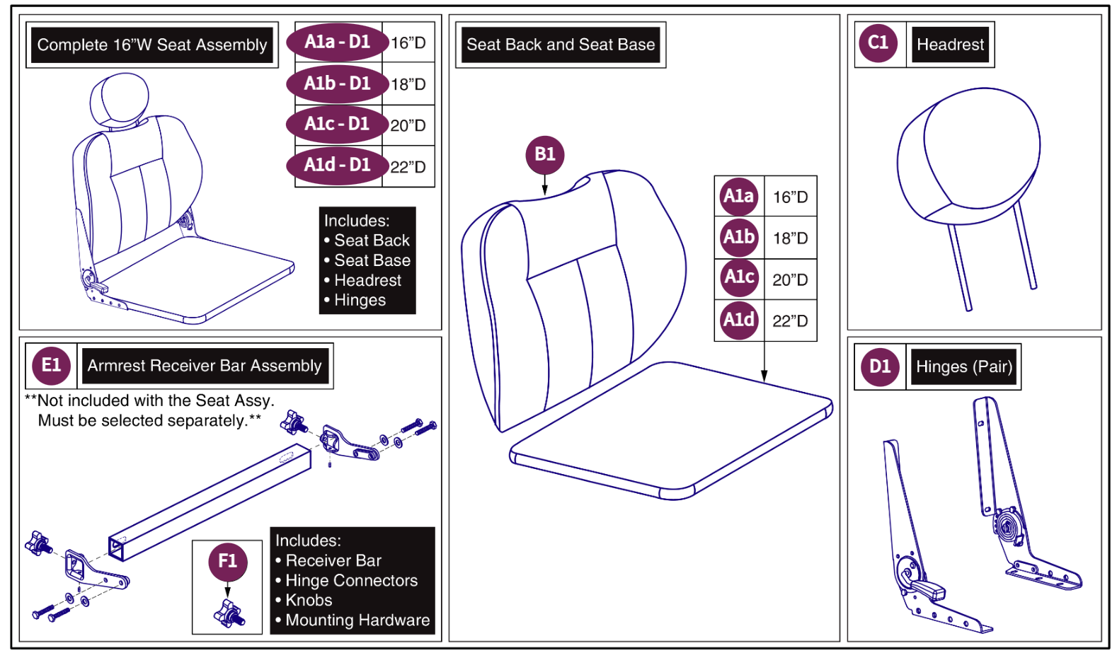 16"W Hi-Back w/ Solid Seat Pan, 115° LTD Recline