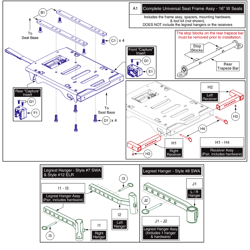 Quick Release(Rear Latch)Seat Frame-16" W Seats