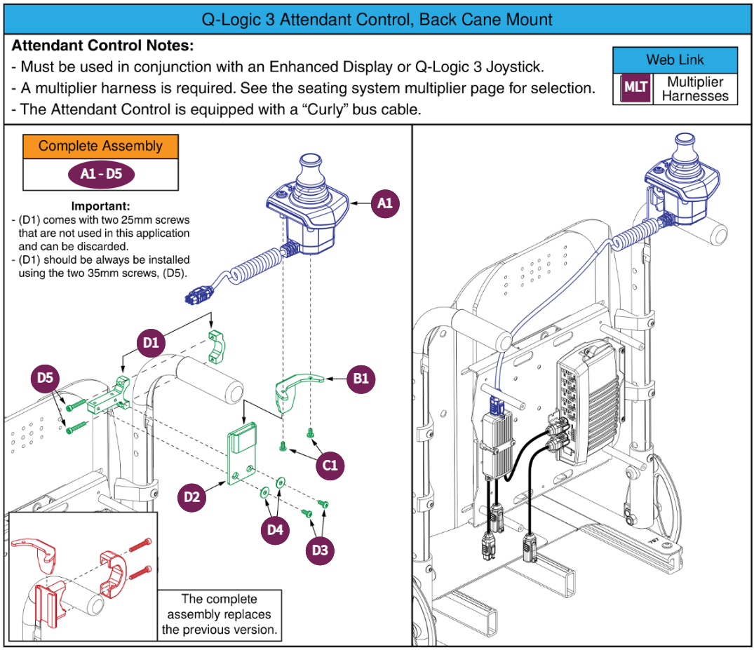 Q-Logic 3 Attendant Control,Back Cane Mnted, TB3/4