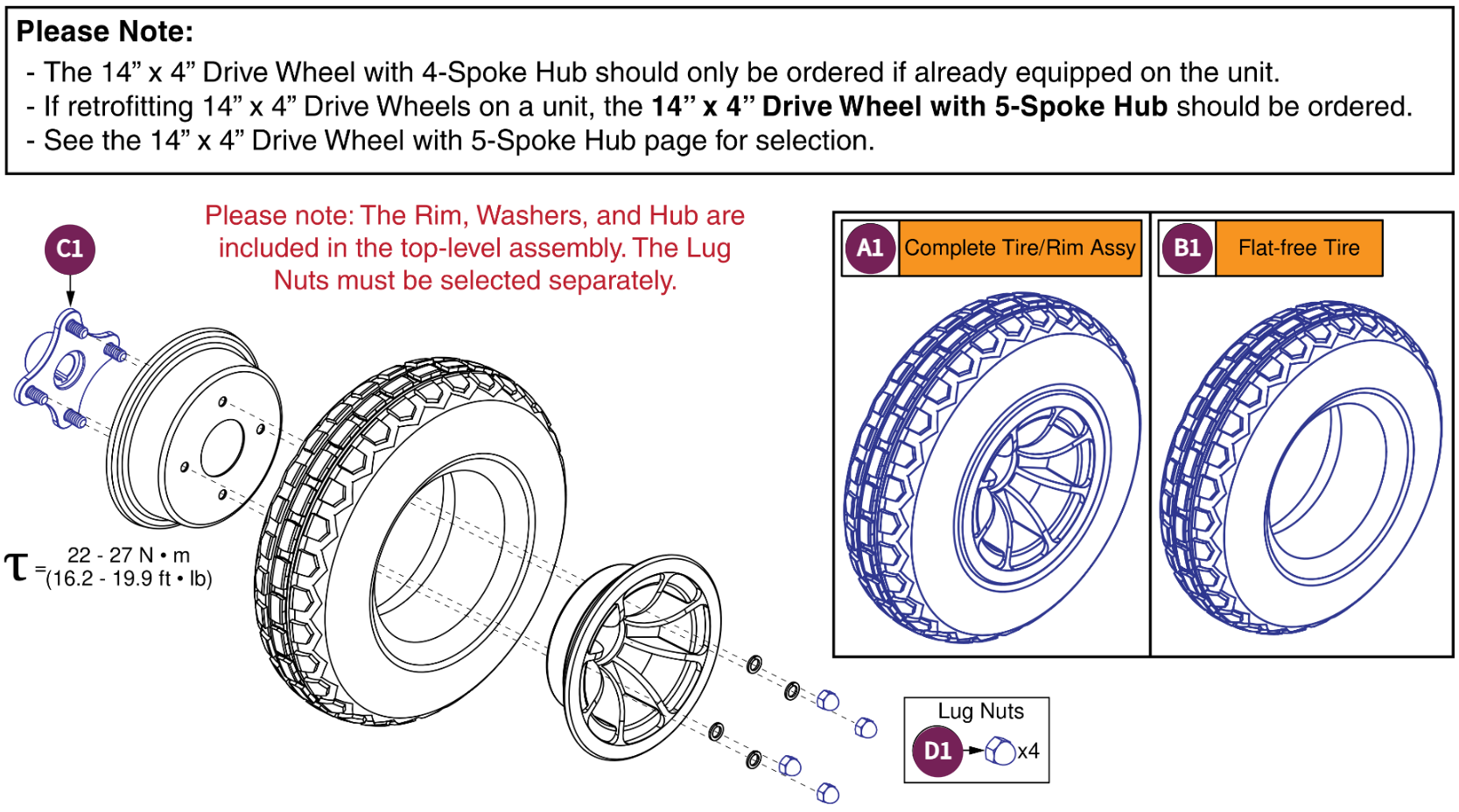 Flat Free DW,4 Spoke Black Rim/Black "Knobby" Tire