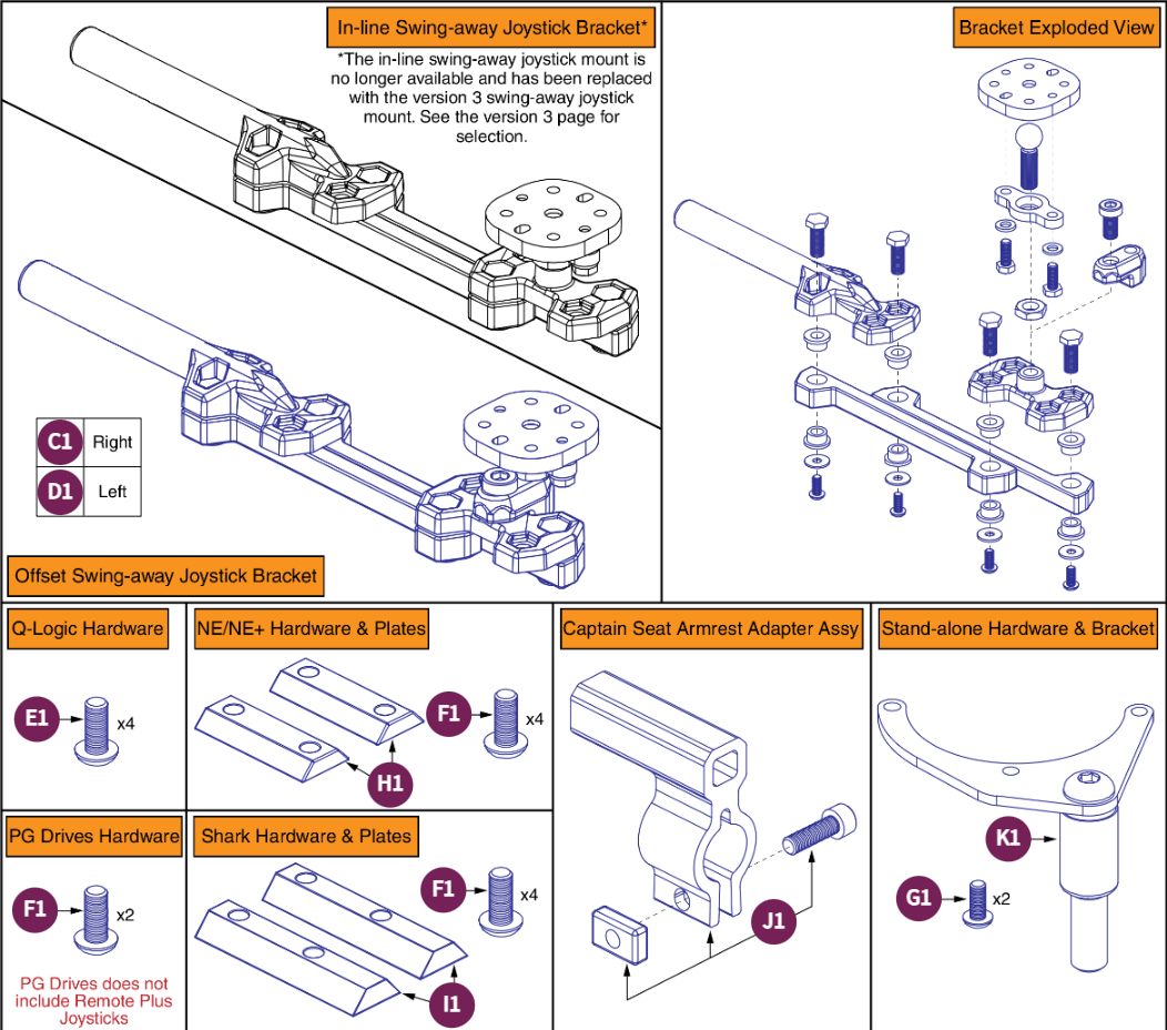Version 2 Swing-away Joystick Bracket & Components