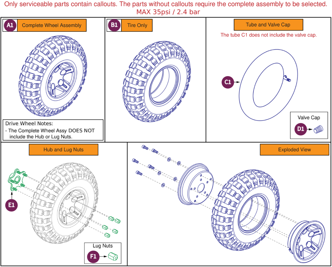 Pneumatic Drive Wheel,Black Rim/KnobbyTire,14"x4"