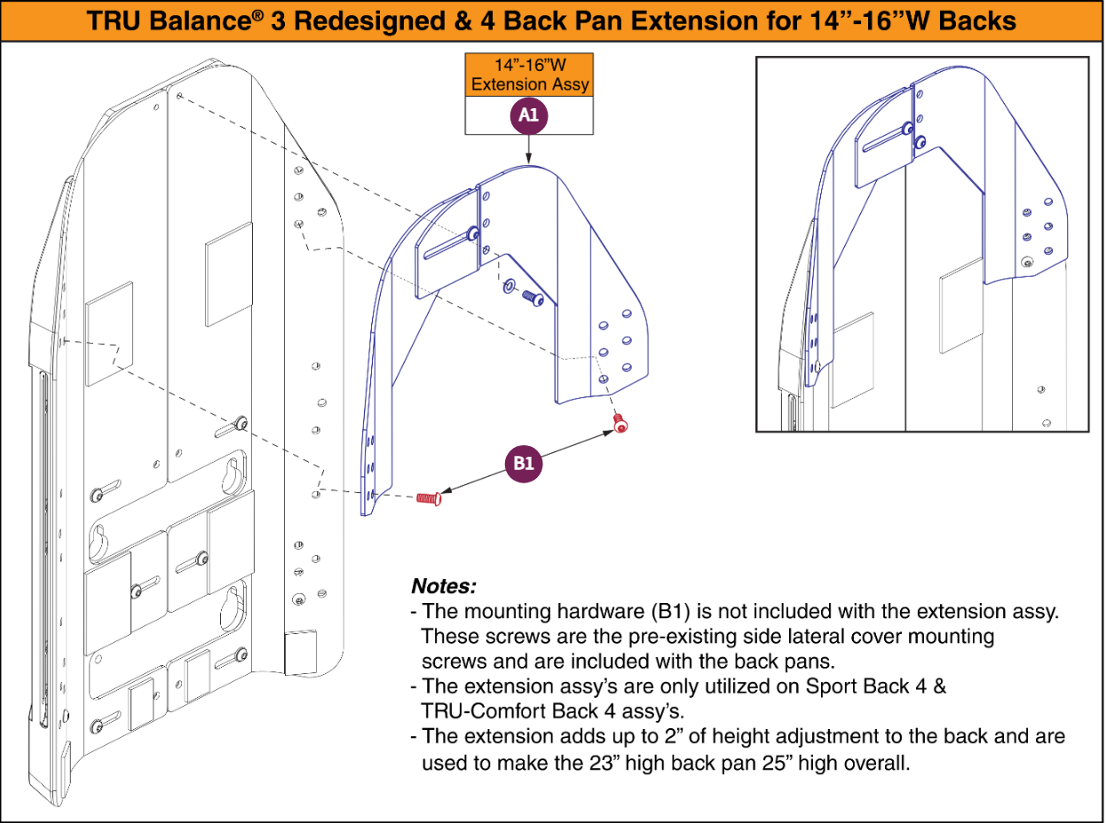 Back Height Ext, 14"-16"W, TB3 Redesigned