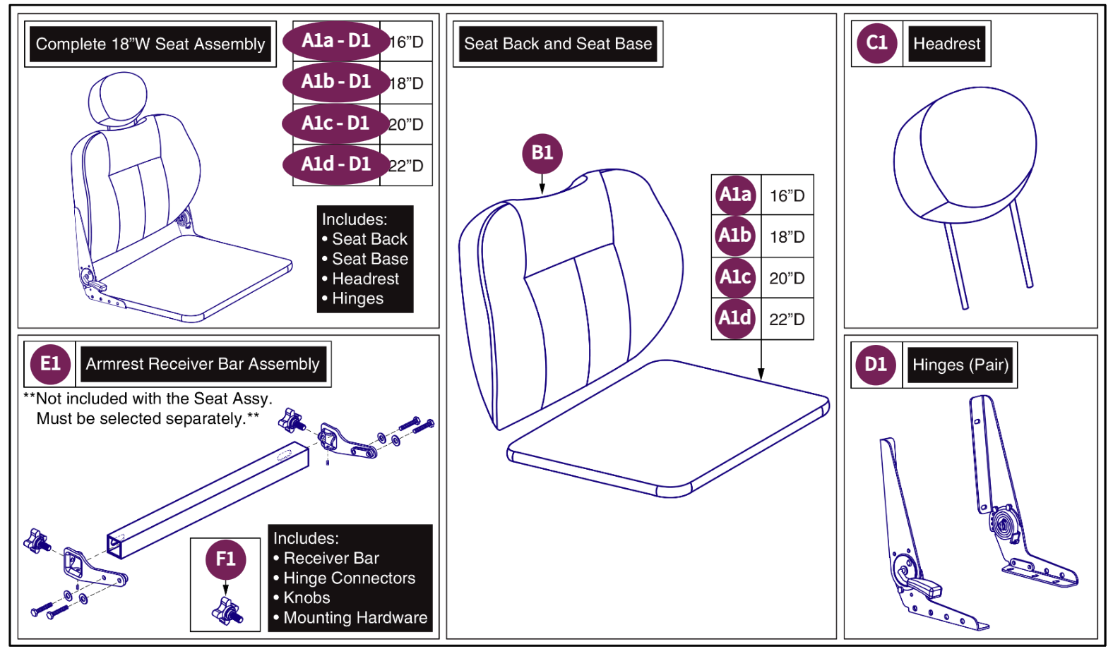 18"W Hi-Back w/ Solid Seat Pan, 115° LTD Recline