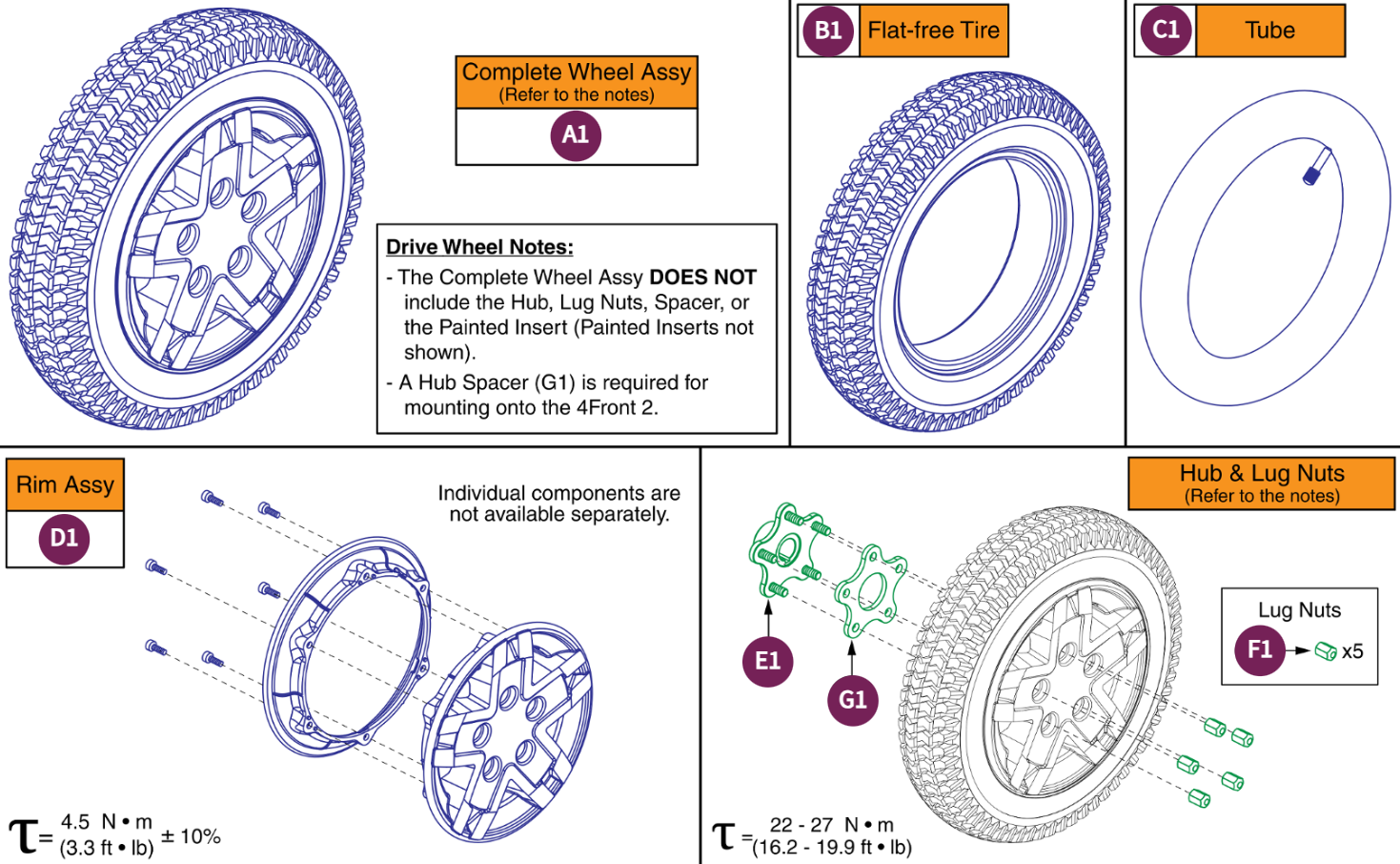 Pneumatic Drive Wheel,5 Spoke Black Rim/Black Tire