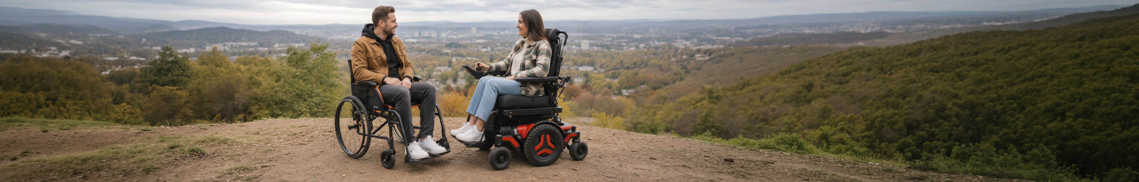 Man enjoying outdoor freedom in an all-terrain wheelchair on a mountain trail