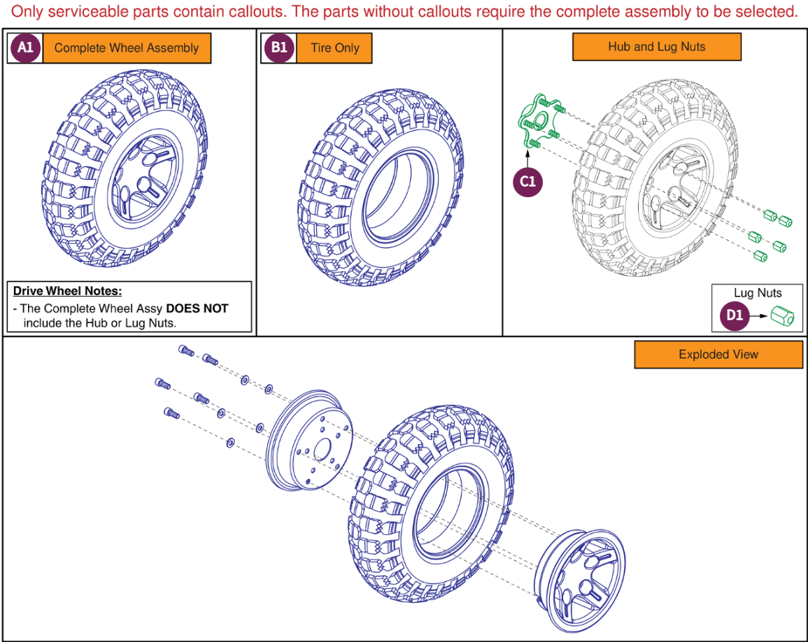 Flat-free Drive Wheel,Black Rim/KnobbyTire,14"x4"