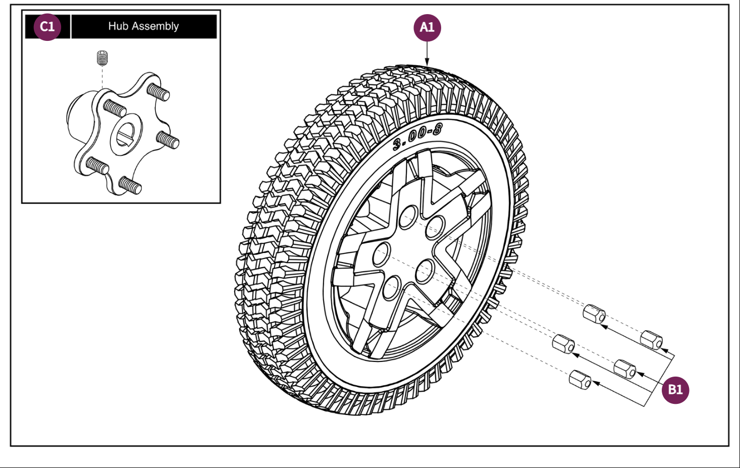 Run Flat Drive Wheel Assy, Jazzy 600 ES