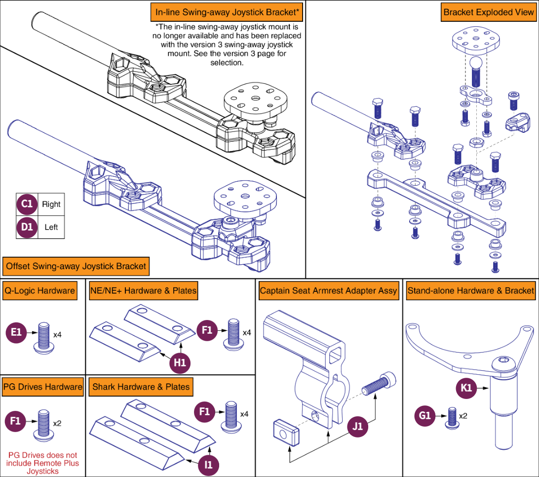 V2 Swing-away Joystick Bracket & Components