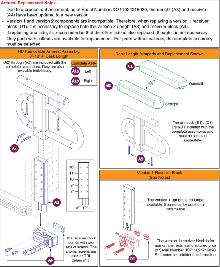 HD Removable Armrests, 8"-12"H, Desk Lgth, TB3