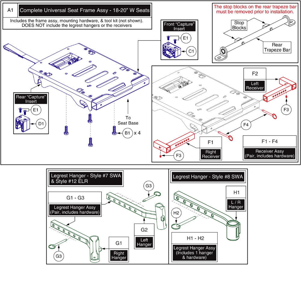 Quick Release(Rear Latch)Seat Frame-18-20"W Seats