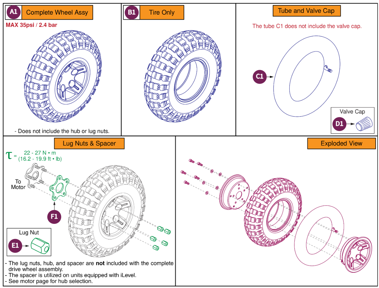 PNEU DW,5 Spoke,Black Rim/Knobby Tire,14 x 4, iL