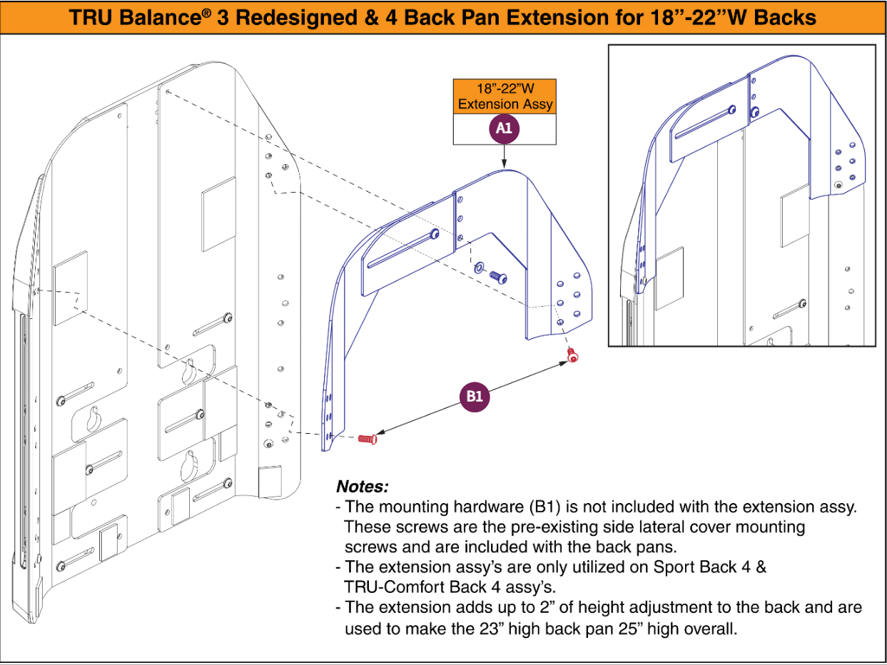 Back Height Ext, 18"-22"W, TB3 Redesigned