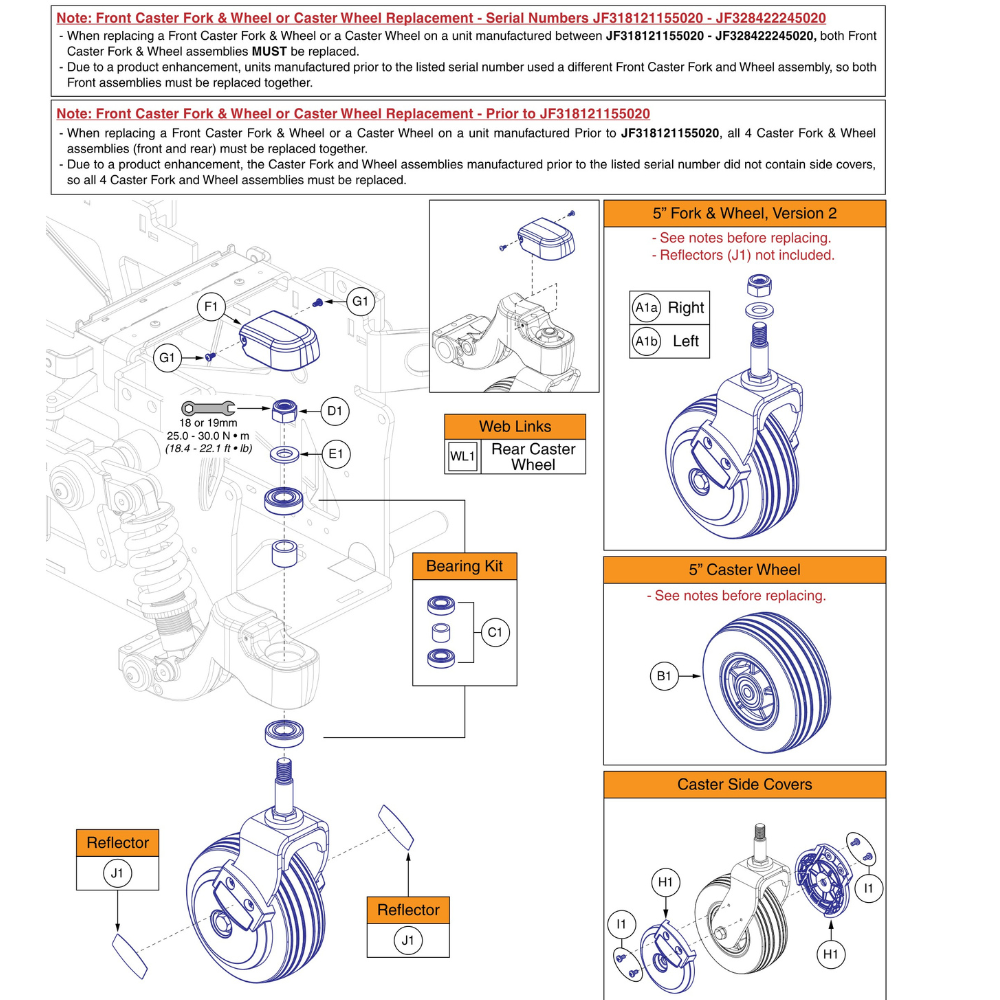 Front Caster Fork and Wheel Assembly, 5" Wheels