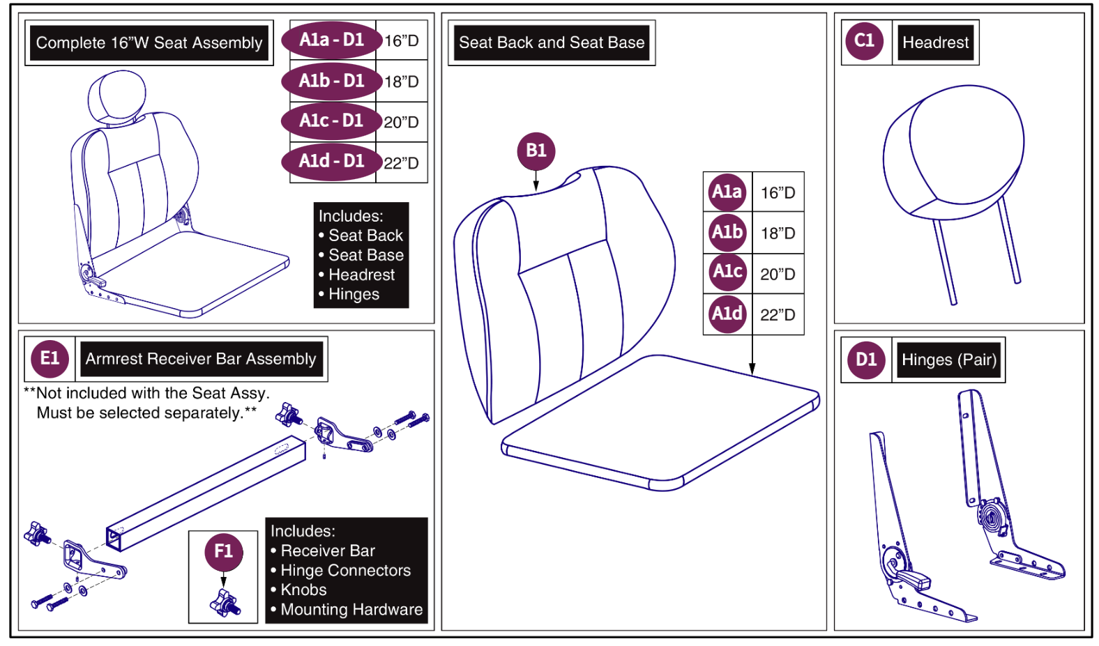 16"W Hi-Back w/ Solid Seat Pan, 115° LTD Recline