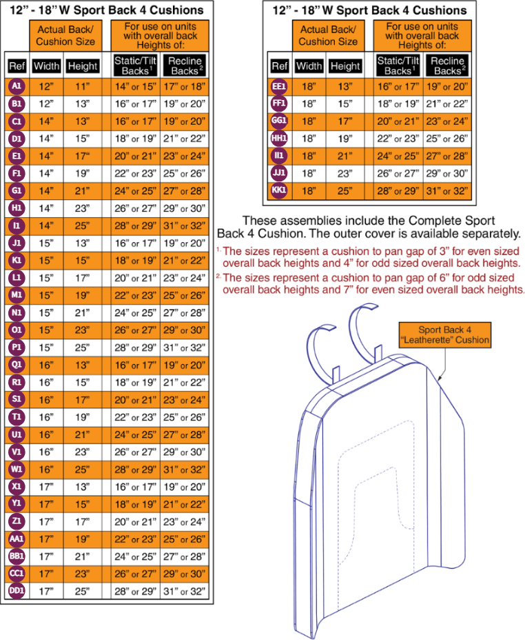 Sport Back 4 Cushions, 12"-18"W