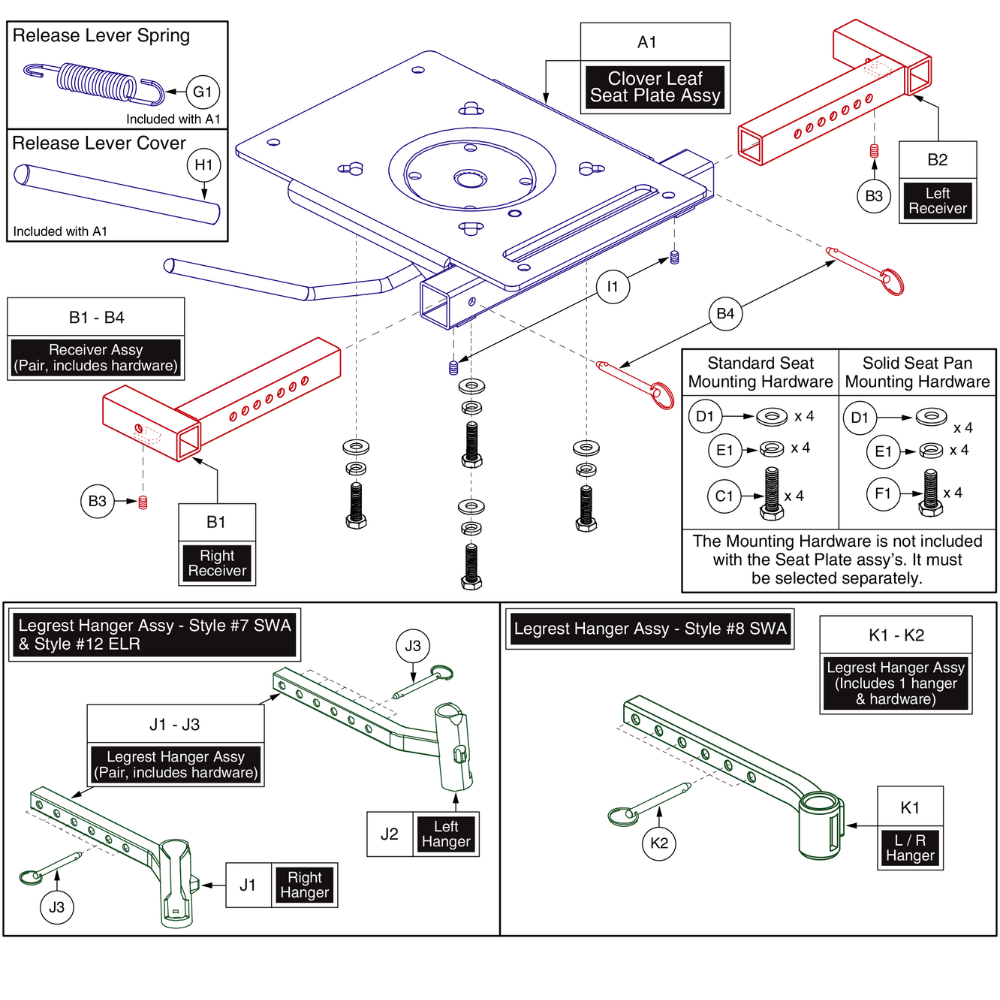 Clover Leaf Seat Frame,Legrest Hangers,&Receivers