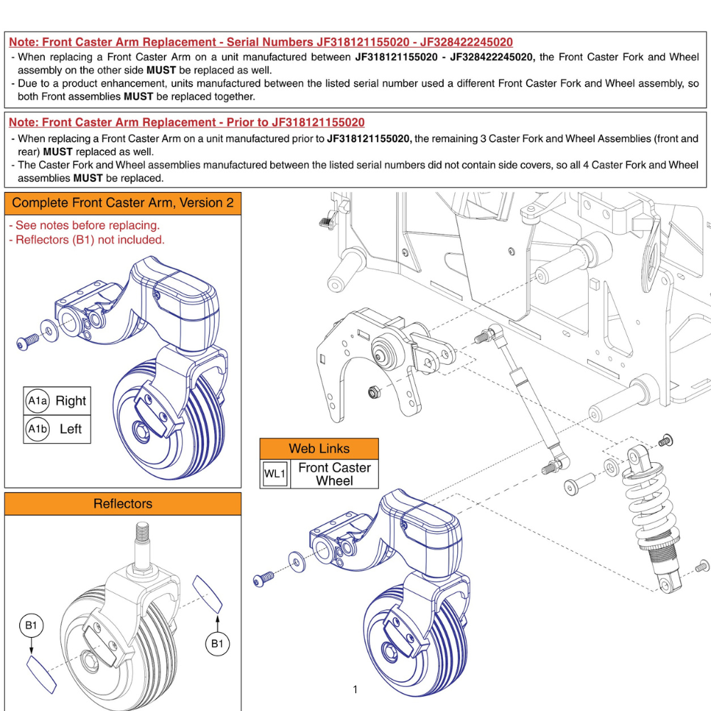 Complete Front Caster Arm Assembly, 5" Wheels