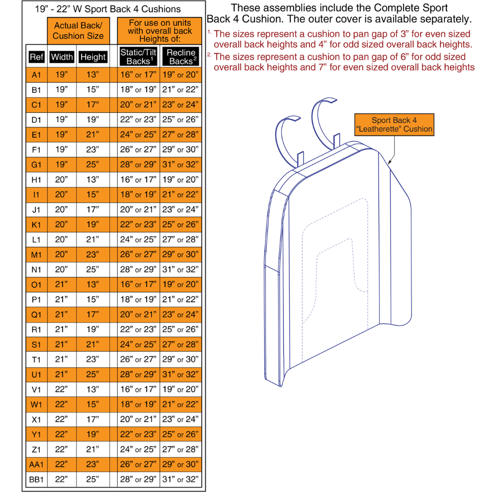 Sport Back 4 Cushions,19"-22"W