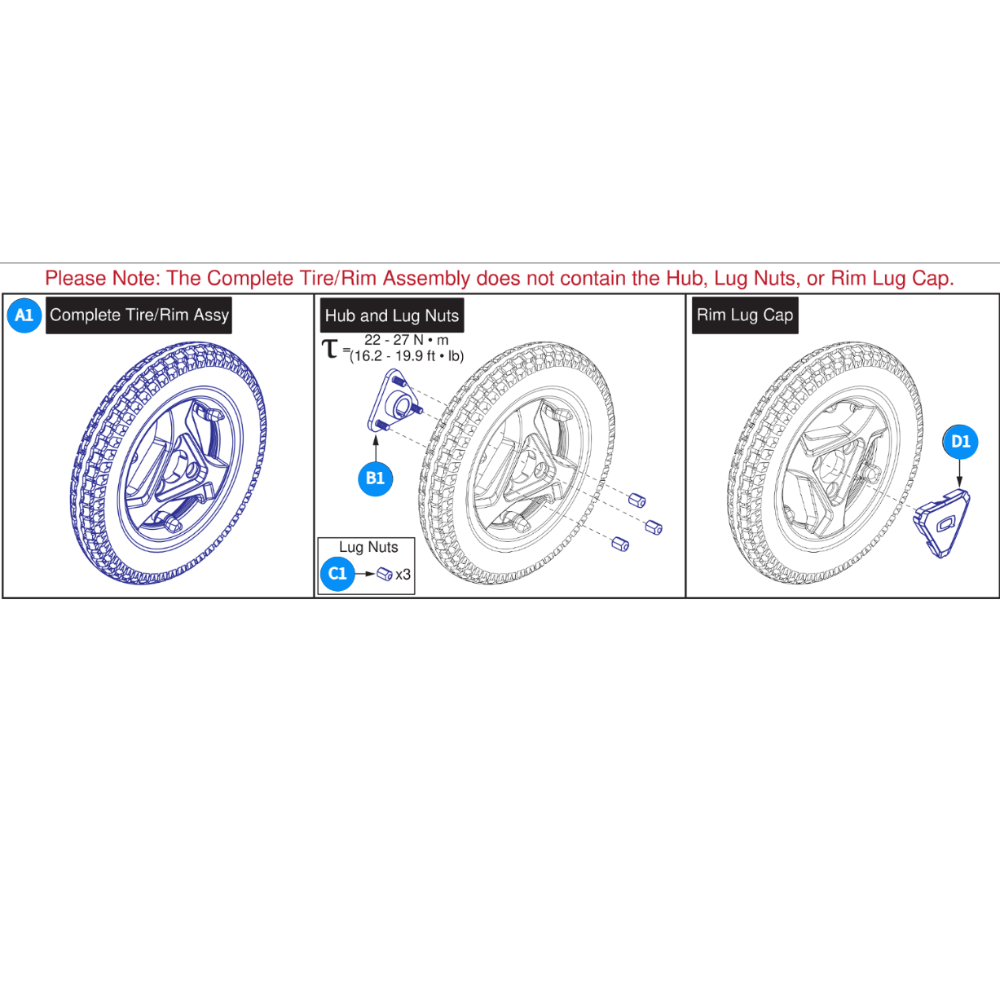 Flat-free Drive Wheel, 3-Spoke Hub w/Lug Cap