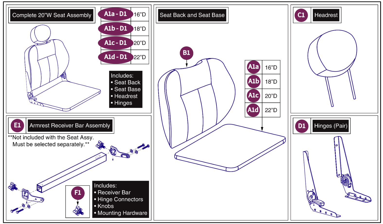 20"W Hi-Back w/ Solid Seat Pan, 115° LTD Recline