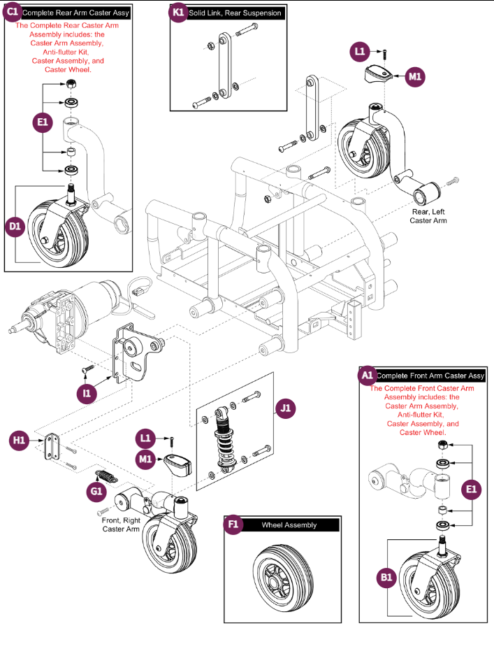 Caster Assy, Right Front, Left Rear, Jazzy 614