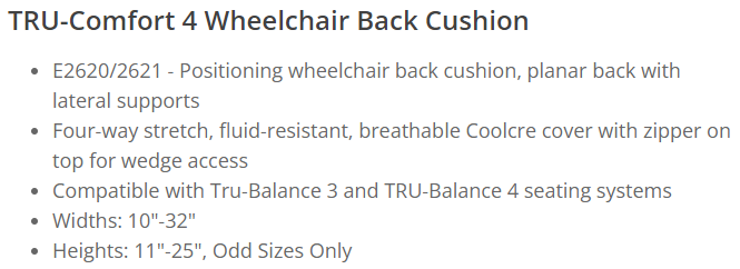 TRU-Comfort 4 Wheelchair Back Cushion specs