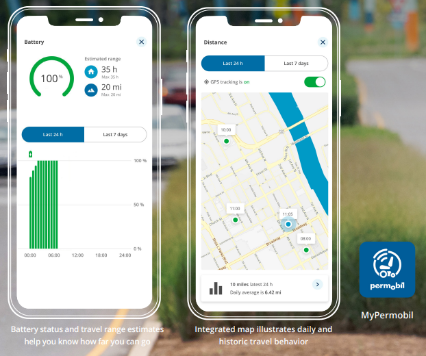 My Permobil app showing battery life of wheelchair and a map