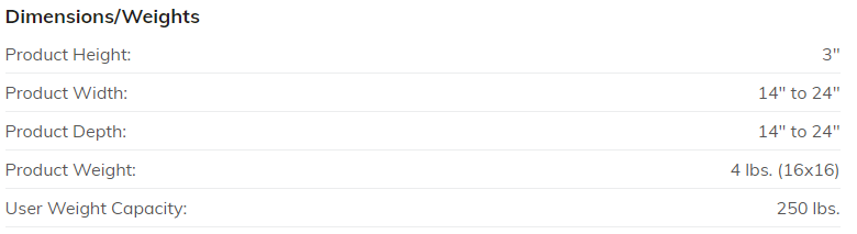 Easy Seat Cushion dimensions and weights