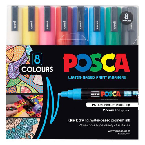 UNI POSCA MARKER PACK ASSORTED COLOURS PKT 8