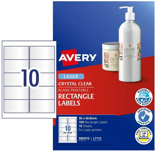 AVERY L7113 CRYSTAL CLEAR LABELS 10 UP, PKT 10