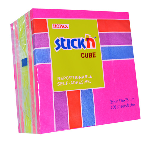 STICK'N STICKY NOTE CUBE 76X76MM MAGENTA AND ASSORTED NEON