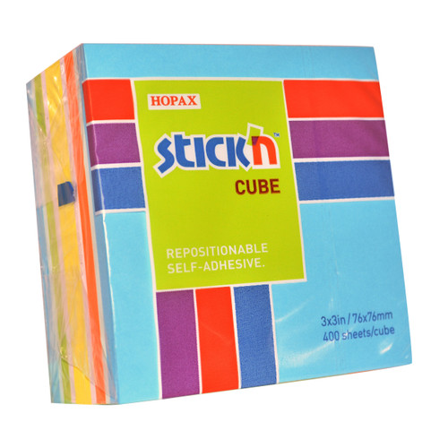 STICK'N STICKY NOTE CUBE 76X76MM BLUE AND ASSORTED NEON