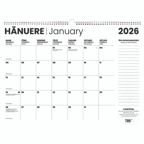 TUHI CALENDAR ONE MONTH TO VIEW BILINGUAL ENGLISH/MAORI A2 2026