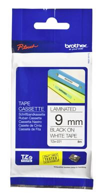 BROTHER TZe-221 9MM X 8M BLACK ON WHITE TAPE